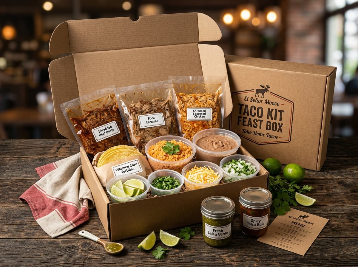 El Señor Moose Take-Home Taco Kit Feast Box in Anchorage - Meat, Tortillas, Rice, Beans, Toppings & Salsas