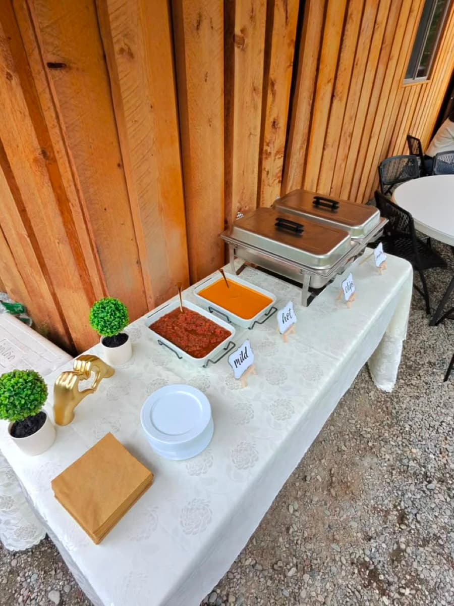 Stainless steel chafing dishes and warmers keeping chips hot